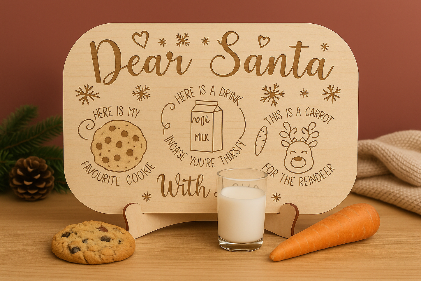 Dear Santa Christmas Eve Treat Tray – Wooden Cookie, Milk & Carrot Plate