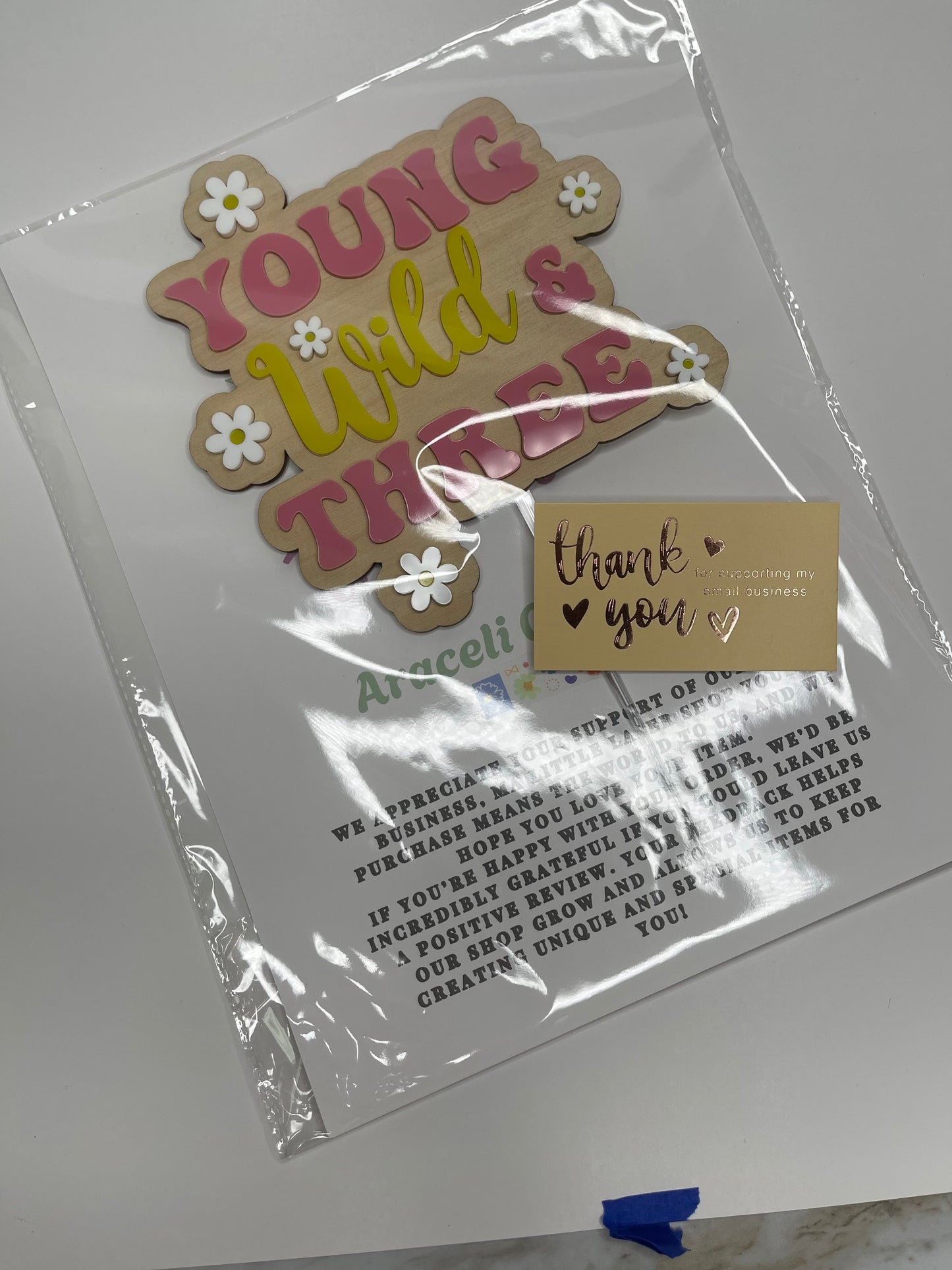 Young Wild & Three Cake Topper | Handmade Boho 3rd Birthday Decor